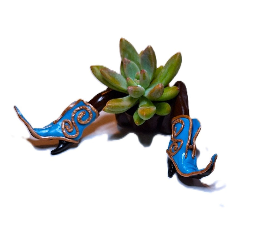 Southwestern Cowboy Boot Succulent Planter Rodeo Decor Desk Planter with plant included.