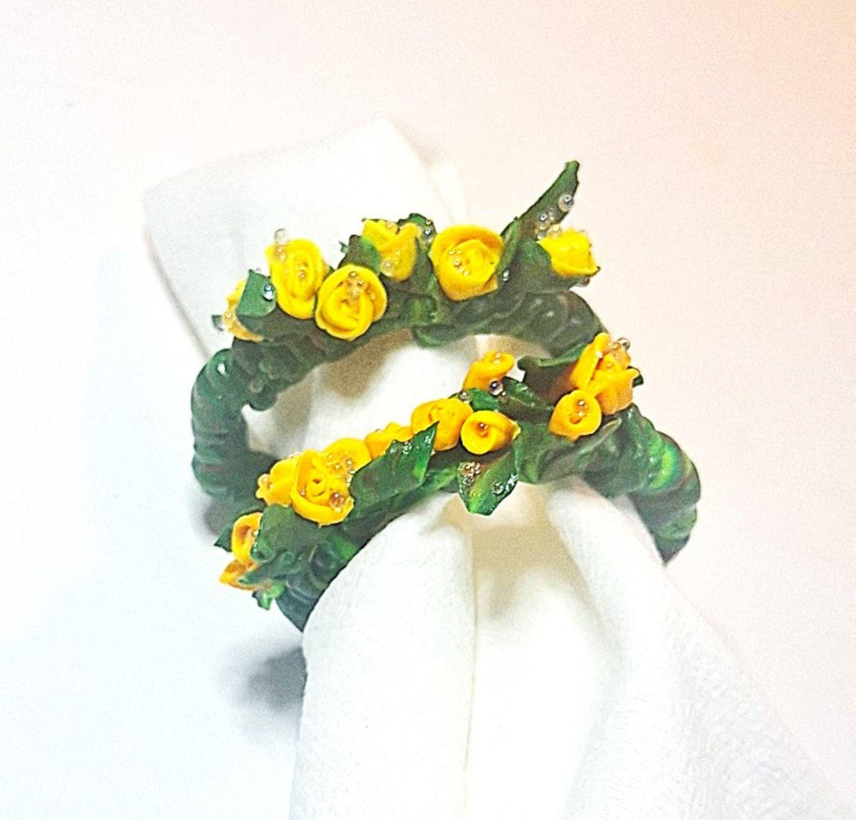 New Yellow Baby Tea Roses Napkin Rings Set of 4 Gift Boxed, Affordable, Made in the USA