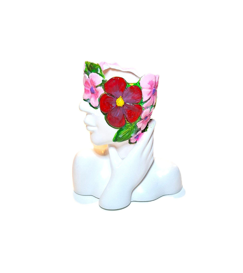 Hand-Painted Resin Face Planter-Vase with Pink Floral Crown 6 Inch Bust Décor