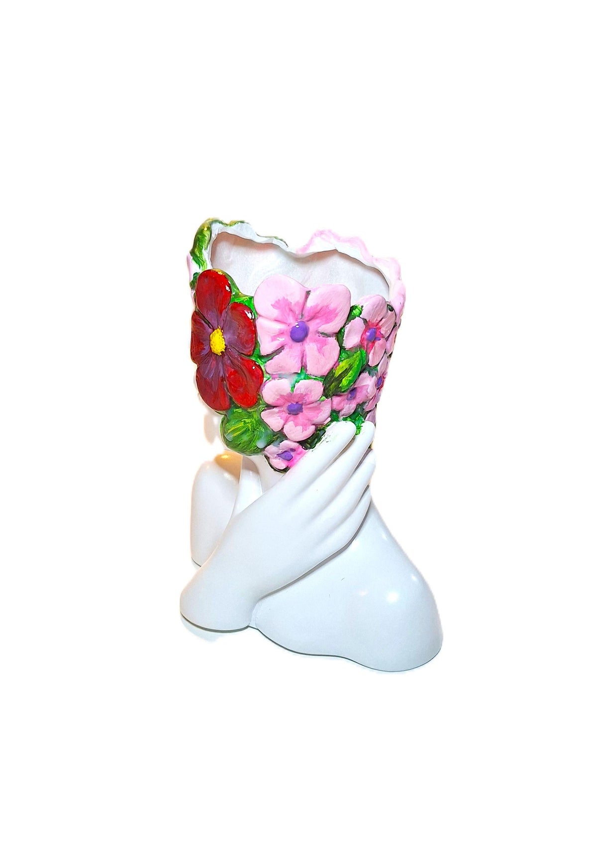 Hand-Painted Resin Face Planter-Vase with Pink Floral Crown 6 Inch Bust Décor