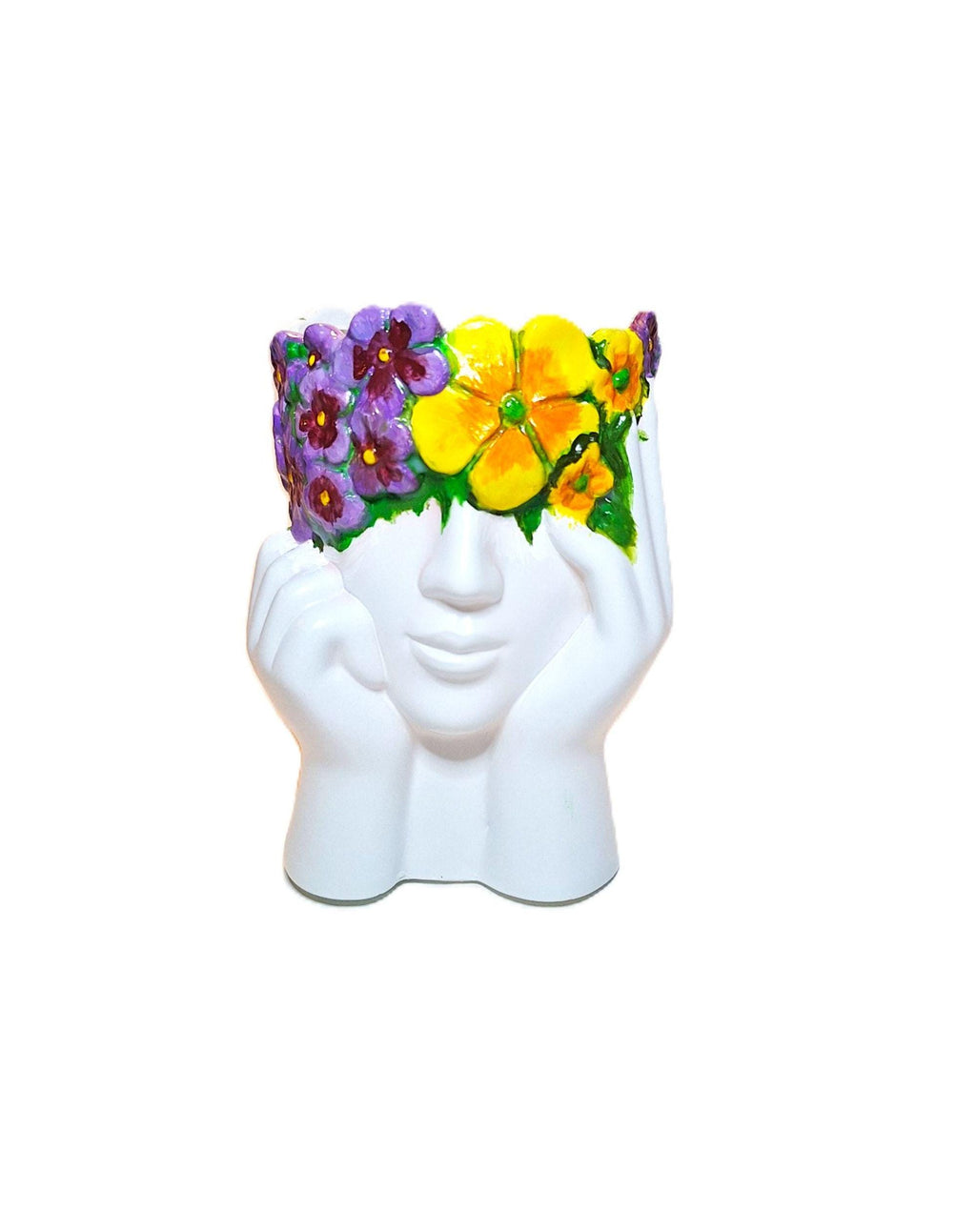 Hand‑Painted Face Planter Resin Indoor Planter Floral Crown Decorative Pot Lightweight 6 Inch tall
