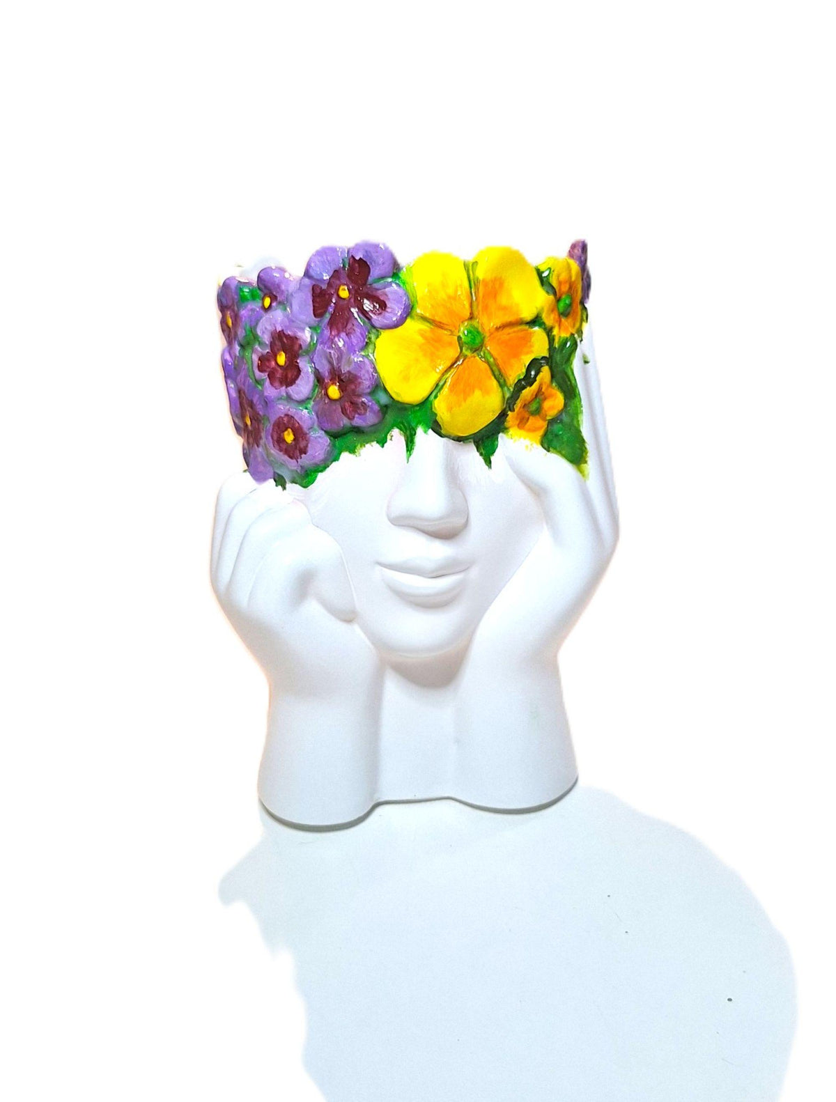 Hand‑Painted Face Planter Resin Indoor Planter Floral Crown Decorative Pot Lightweight 6 Inch tall