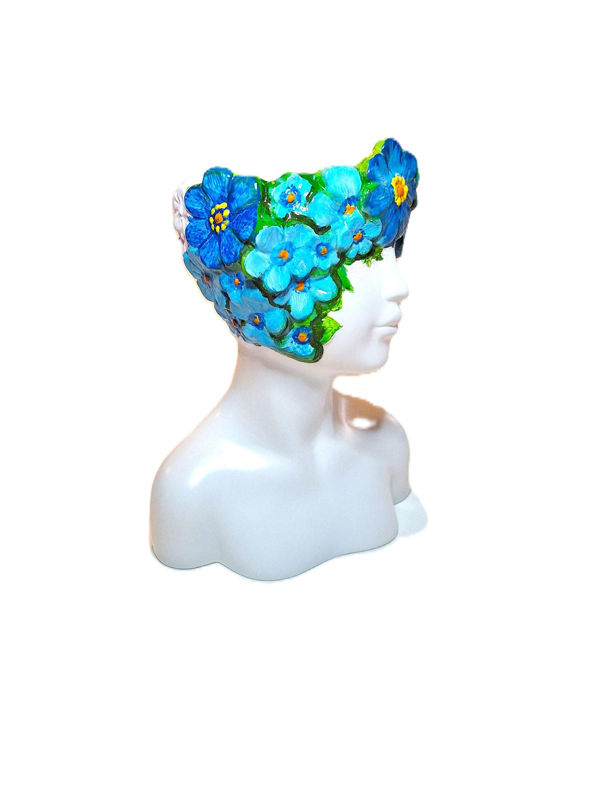 Hand‑Painted Resin Face Planter Blue Floral Crown Bust Lightweight Indoor Decorative Planter 6 Inch Desk & Shelf Décor