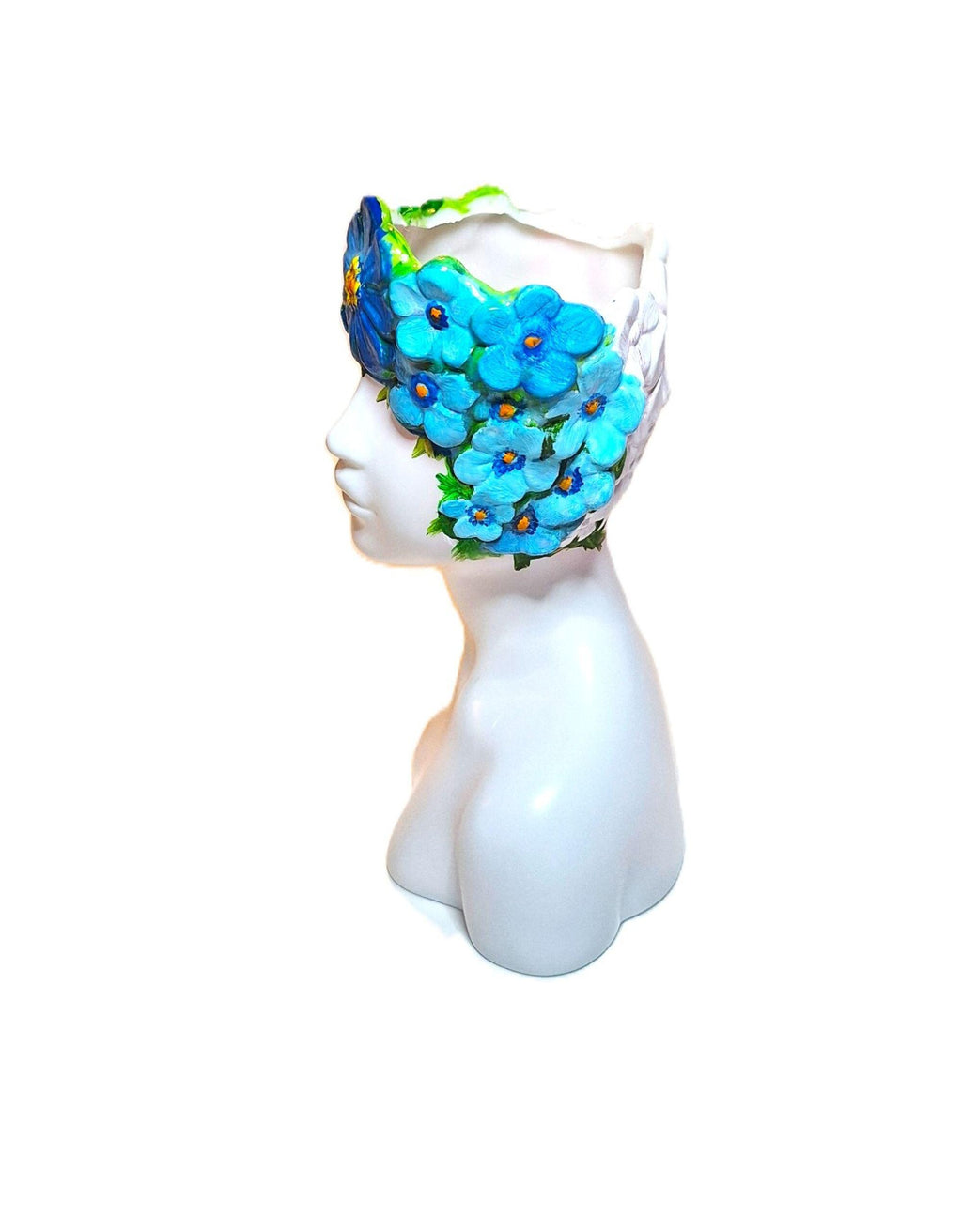 Hand‑Painted Resin Face Planter Blue Floral Crown Bust Lightweight Indoor Decorative Planter 6 Inch Desk & Shelf Décor