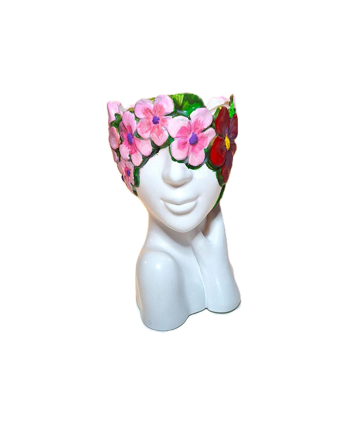 Hand-Painted Resin Face Planter-Vase with Pink Floral Crown 6 Inch Bust Décor