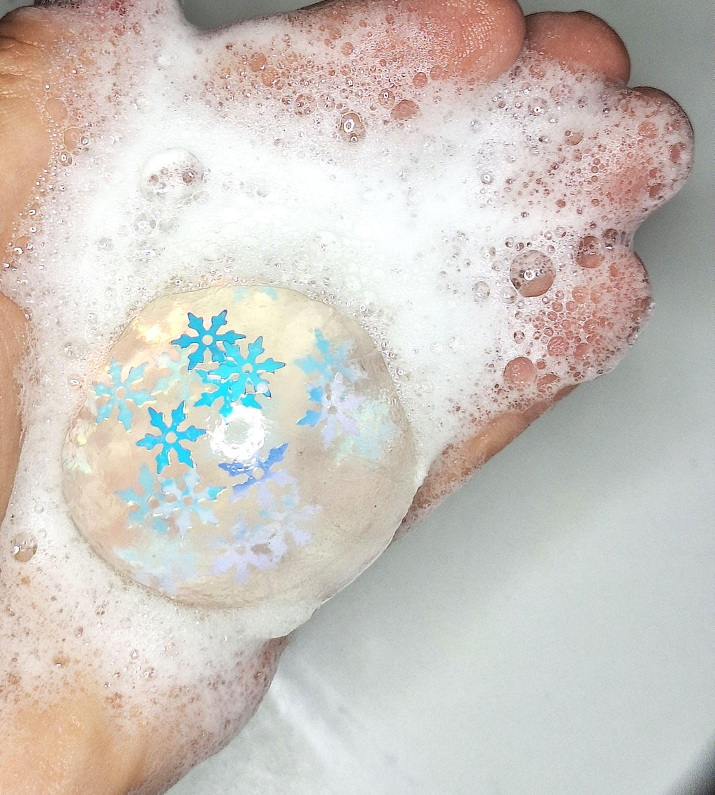 Snowflake Winter Soap Set 6 Clear Vegan Glycerin Rounds, Iridescent, Unscented & Hypoallergenic