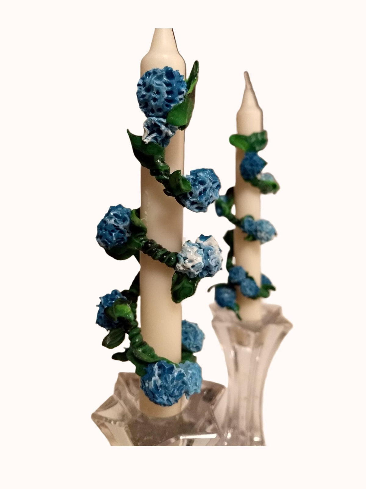 White 6-inch tapers (2) with blue hydrangeas ceramic slip on/off wraps sold as a set gift boxed