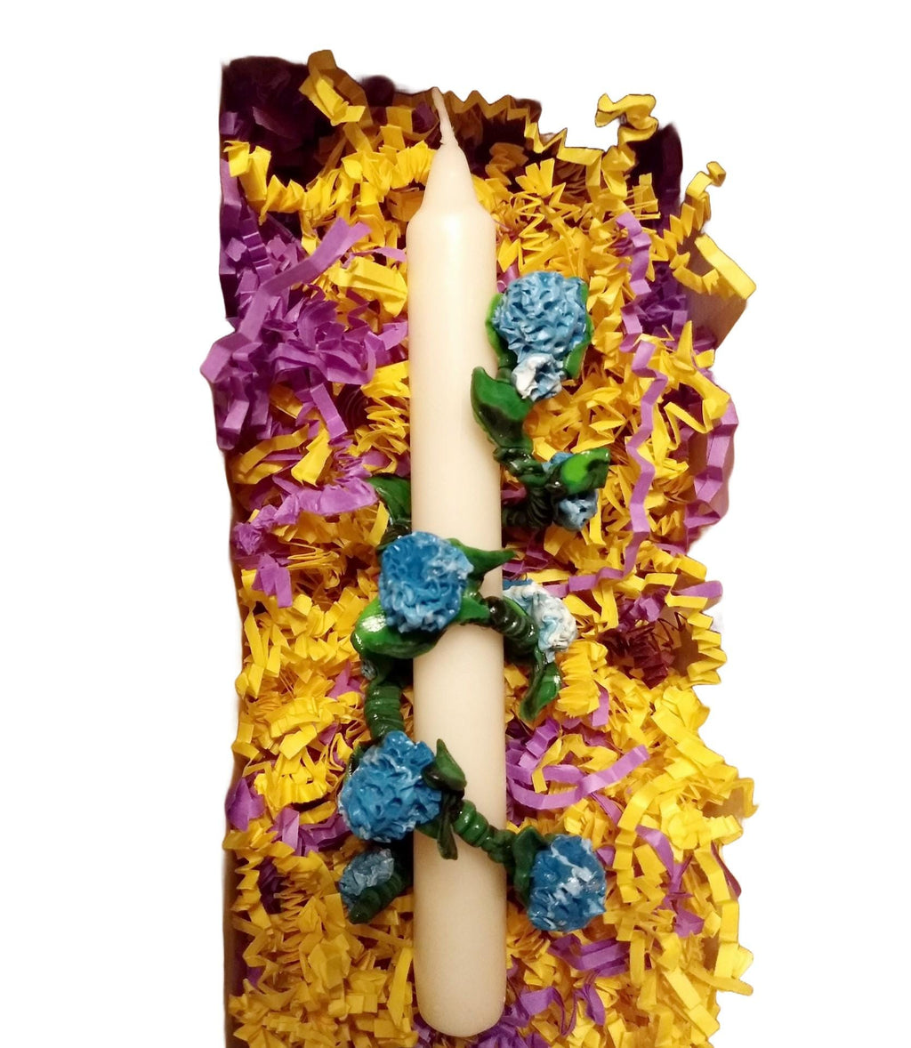 White 6-inch tapers (2) with blue hydrangeas ceramic slip on/off wraps sold as a set gift boxed