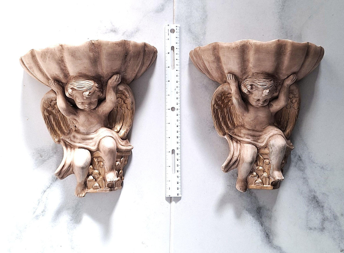 Large Cherub Angel Wall Planter Set Vintage Shell Wall Pocket 10x9x5 Ceramic Wall Décor Pair Indoor/Outdoor Use.
