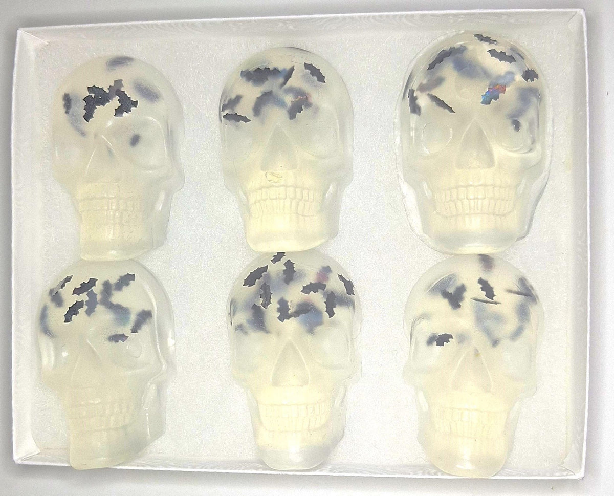 Halloween Soap Gift Set of 6 Skulls and Bats Clear Vegan Glycerin Gluten-Free Hypoallergenic Unscented.