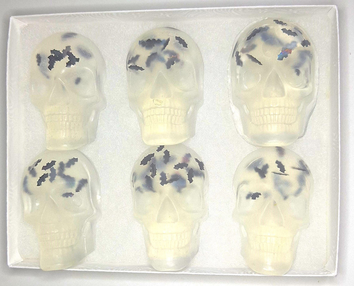 Clear Skull & Bat Glycerin Soap Set 6 Individually Wrapped 4oz Bars, Unscented, Vegan, Gluten Free