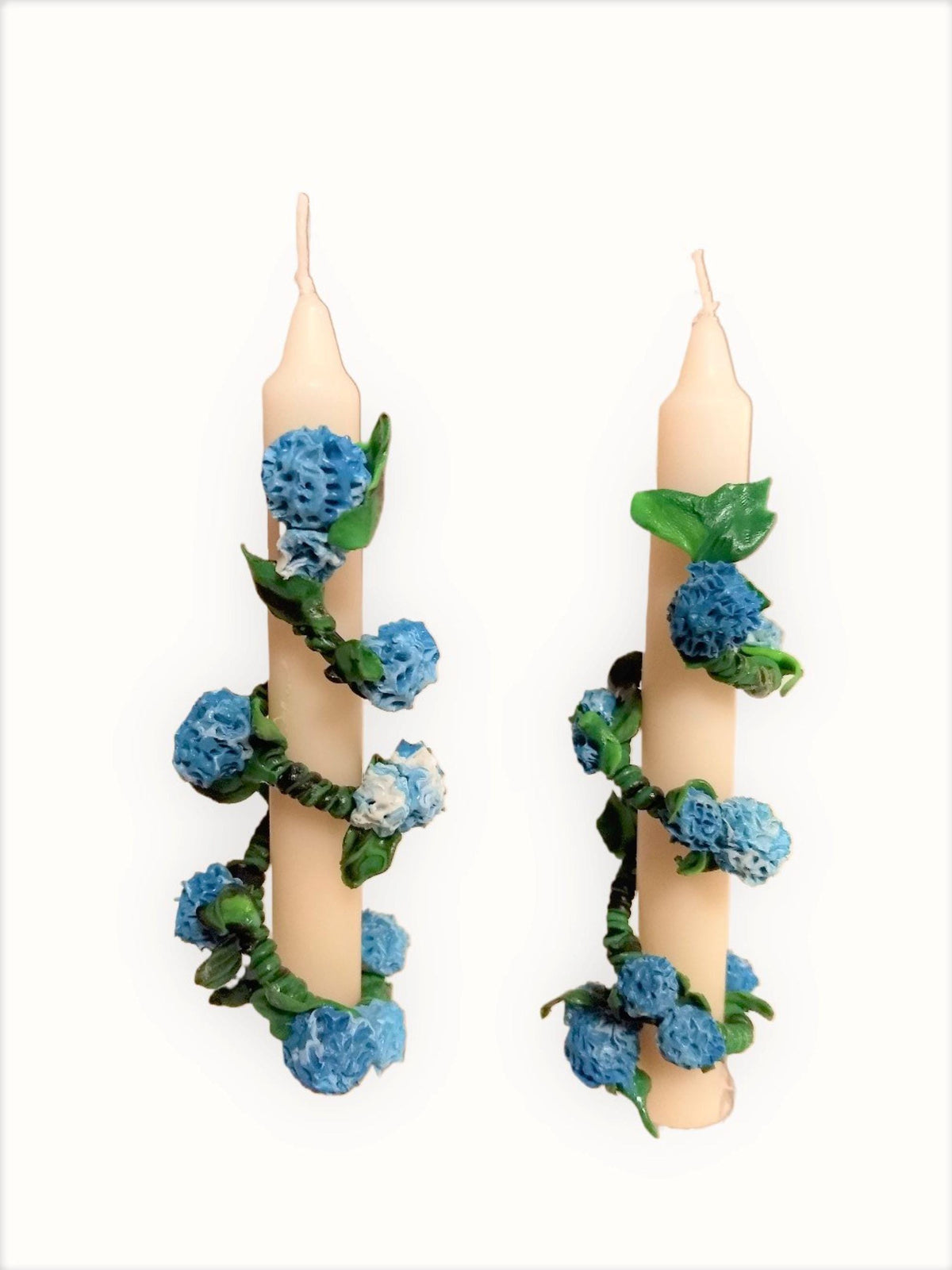 White 6-inch tapers (2) with blue hydrangeas ceramic slip on/off wraps sold as a set gift boxed