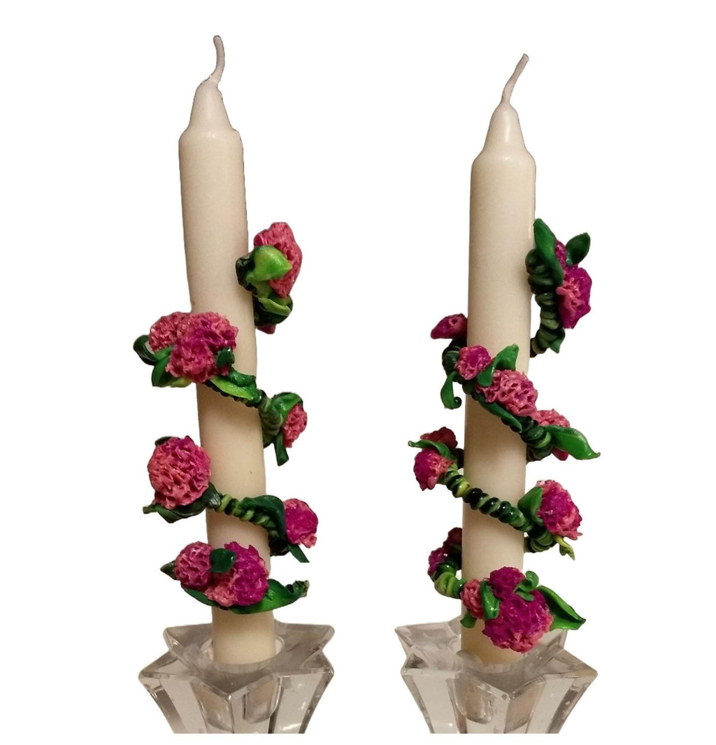 White 6-inch tapers (2) with blue hydrangeas ceramic slip on/off wraps sold as a set gift boxed