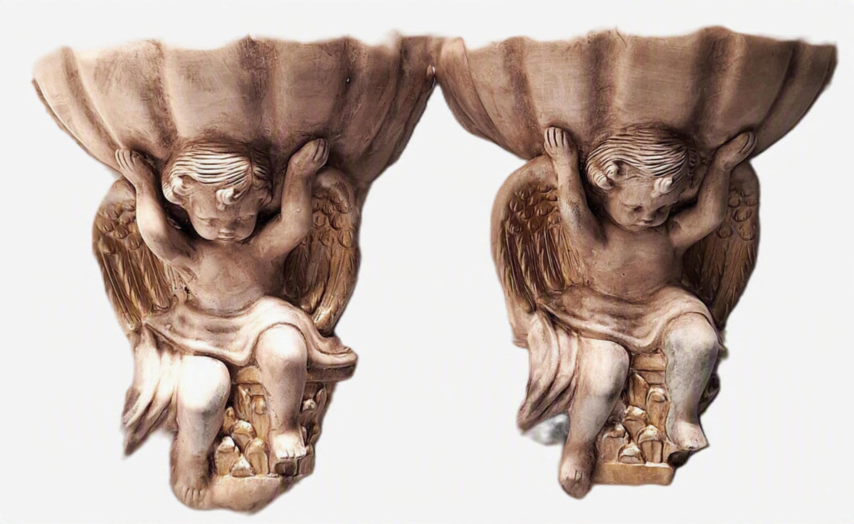 Large Cherub Angel Wall Planter Set Vintage Shell Wall Pocket 10x9x5 Ceramic Wall Décor Pair Indoor/Outdoor Use.